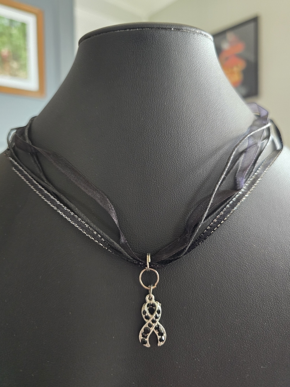 Vintage Black Multi-Strand Ribbon Necklace with Silver Ribbon Charm